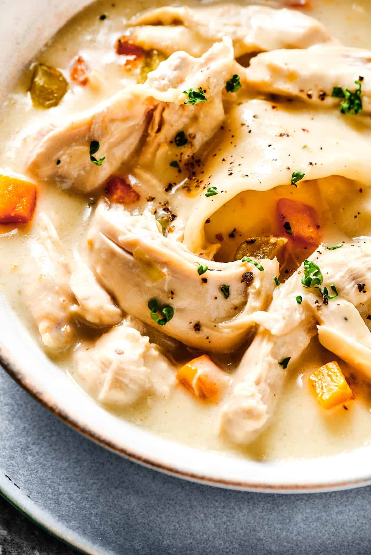 Southern-style Chicken and Dumplings are made with soft rolled dumplings, a rich, creamy broth, with tender pieces of white meat chicken.