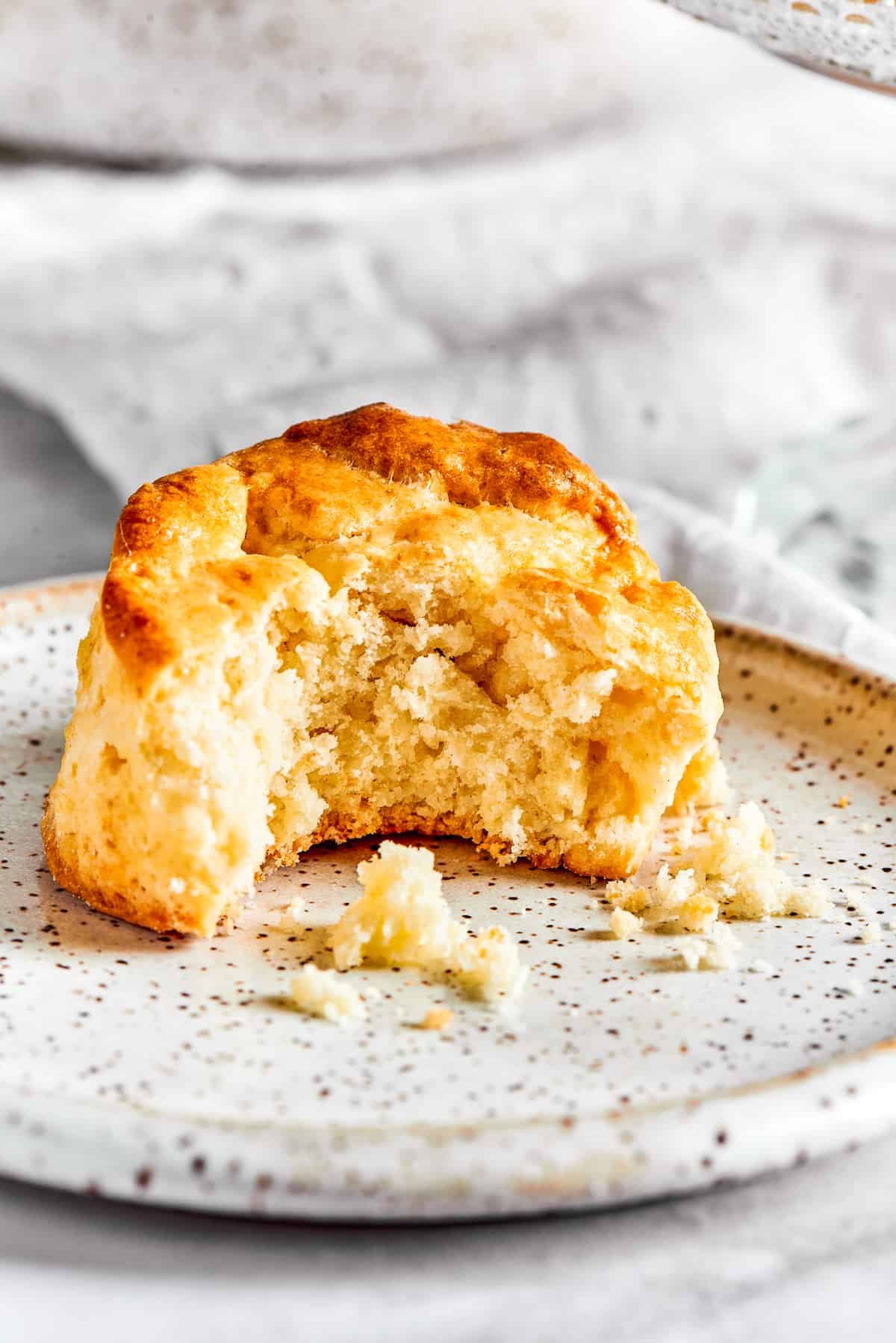 A biscuit with a bite taken out of it, on a small plate.