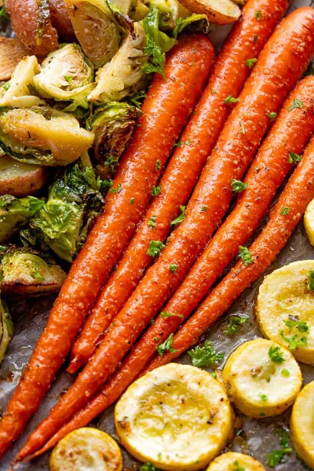 overhead shot of roasted whole carrots