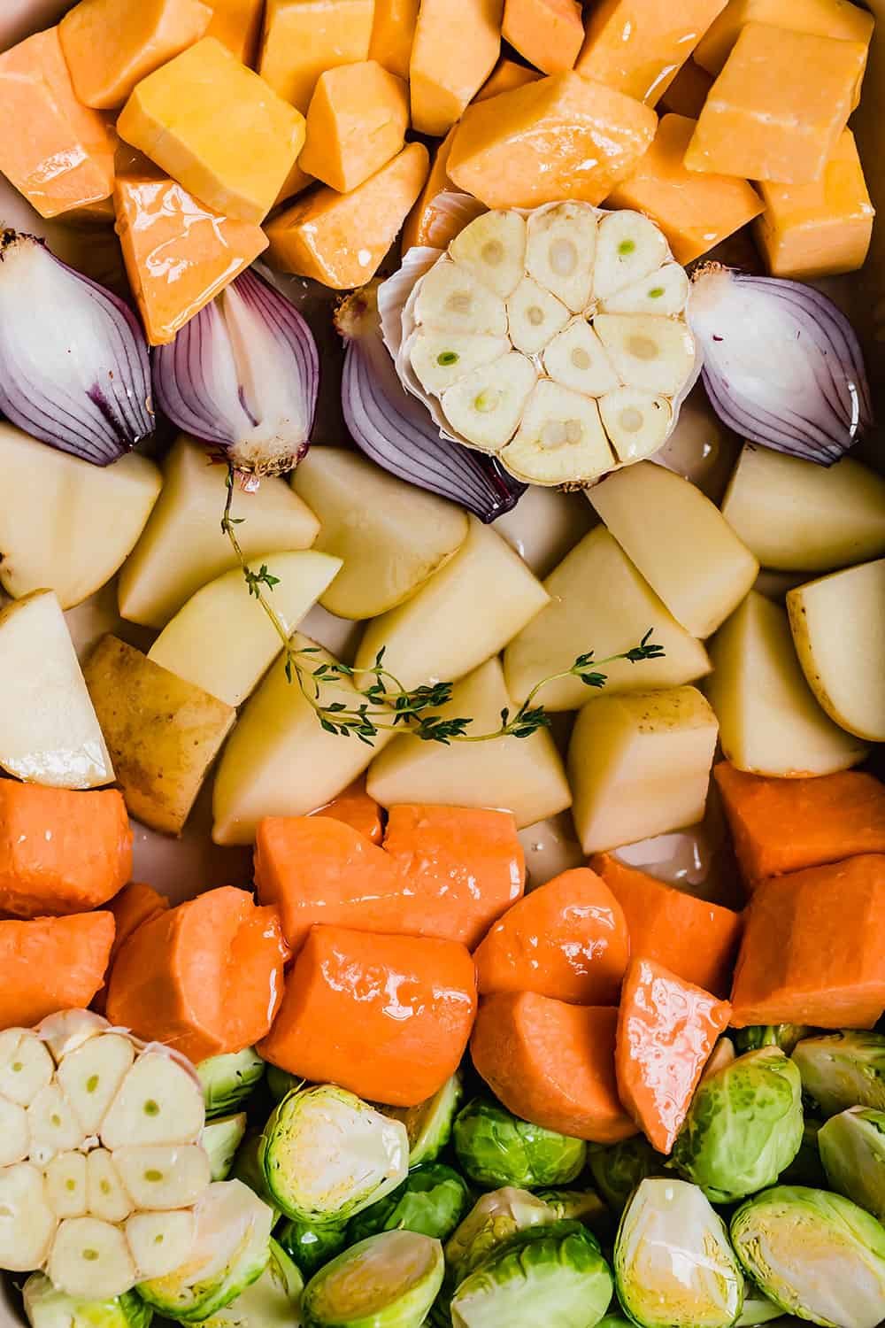 Chopped carrots, brussels sprouts, potatoes and butternut squash.