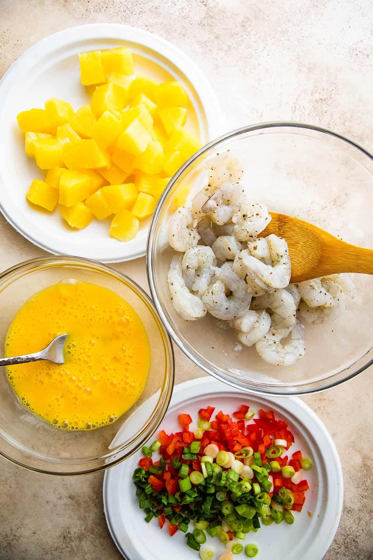 shrimp fried rice ingredients in bowls