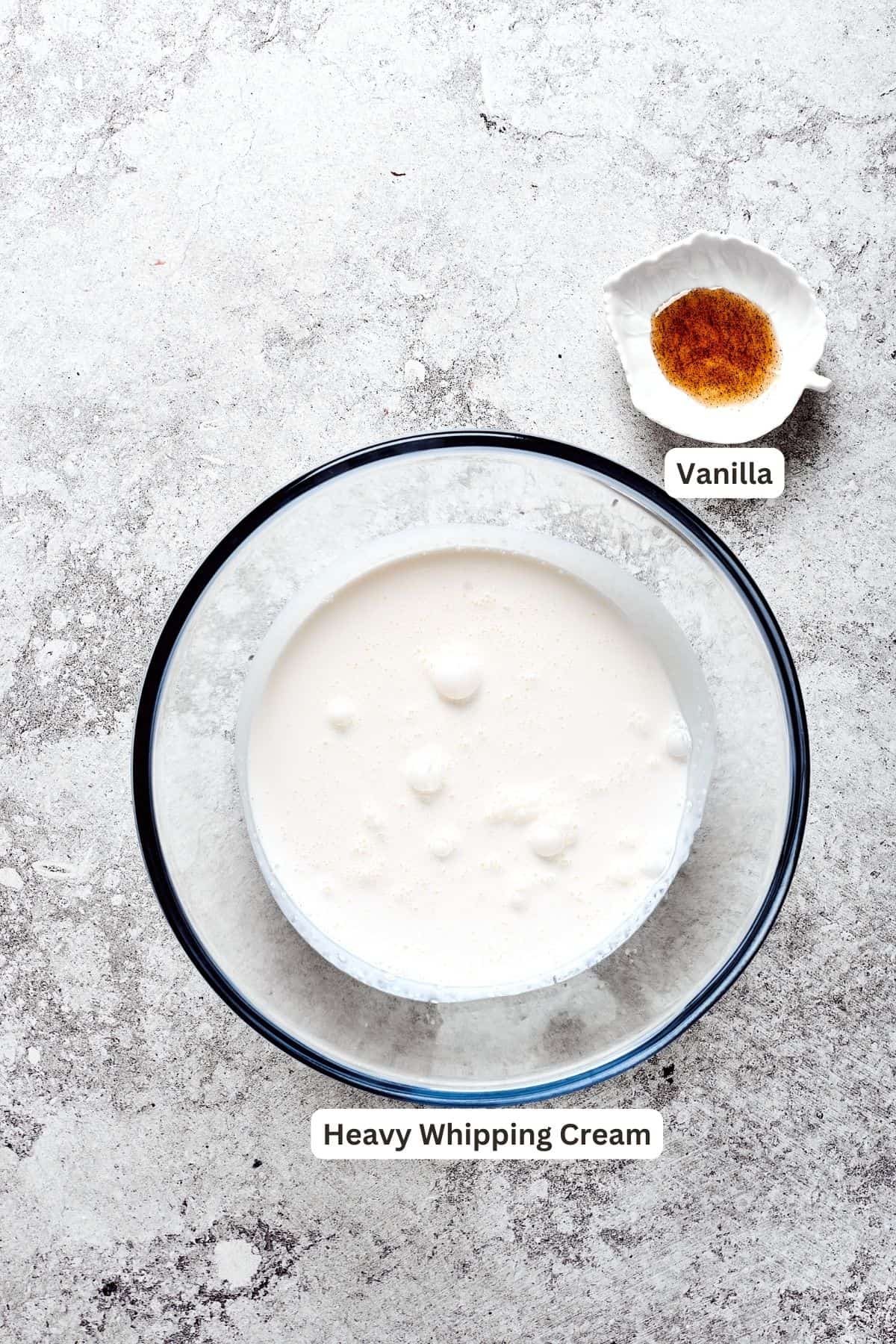 Ingredients for whipped cream are shown: heavy cream and vanilla.