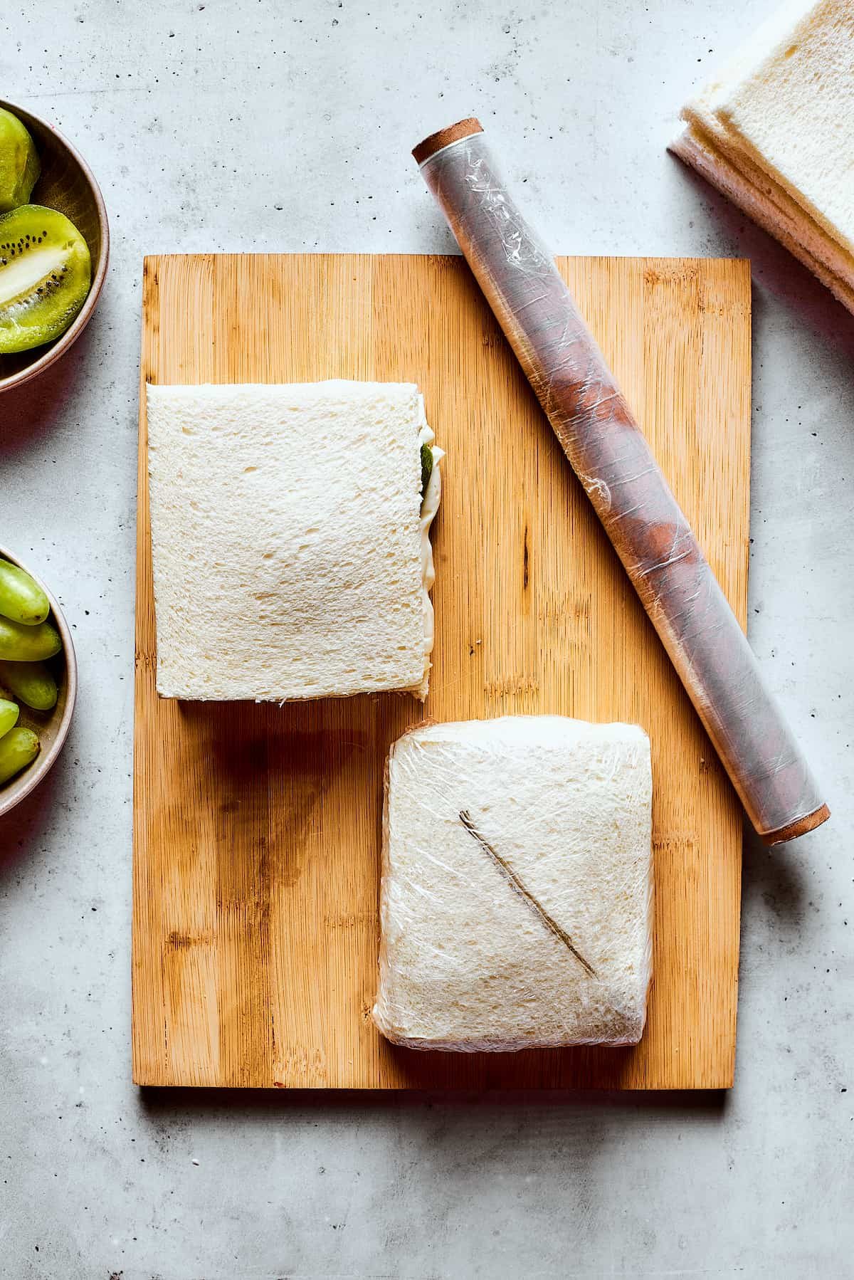 Wrapping the fruit sandwiches.