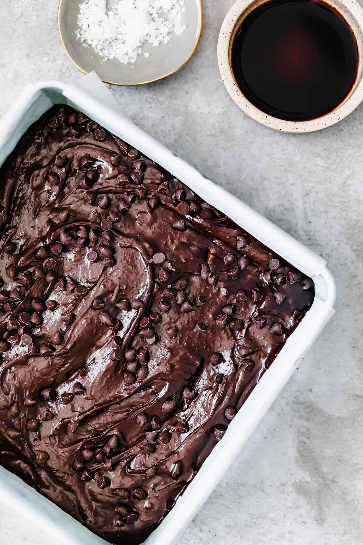 Homemade Brownies in a Pan with Mini Chocolate Chips on Top