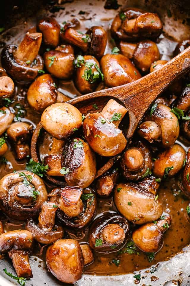 Pan of garlic butter mushrooms