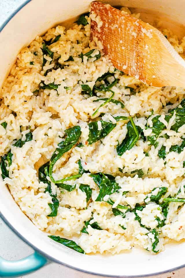 top view of cooking rice with spinach