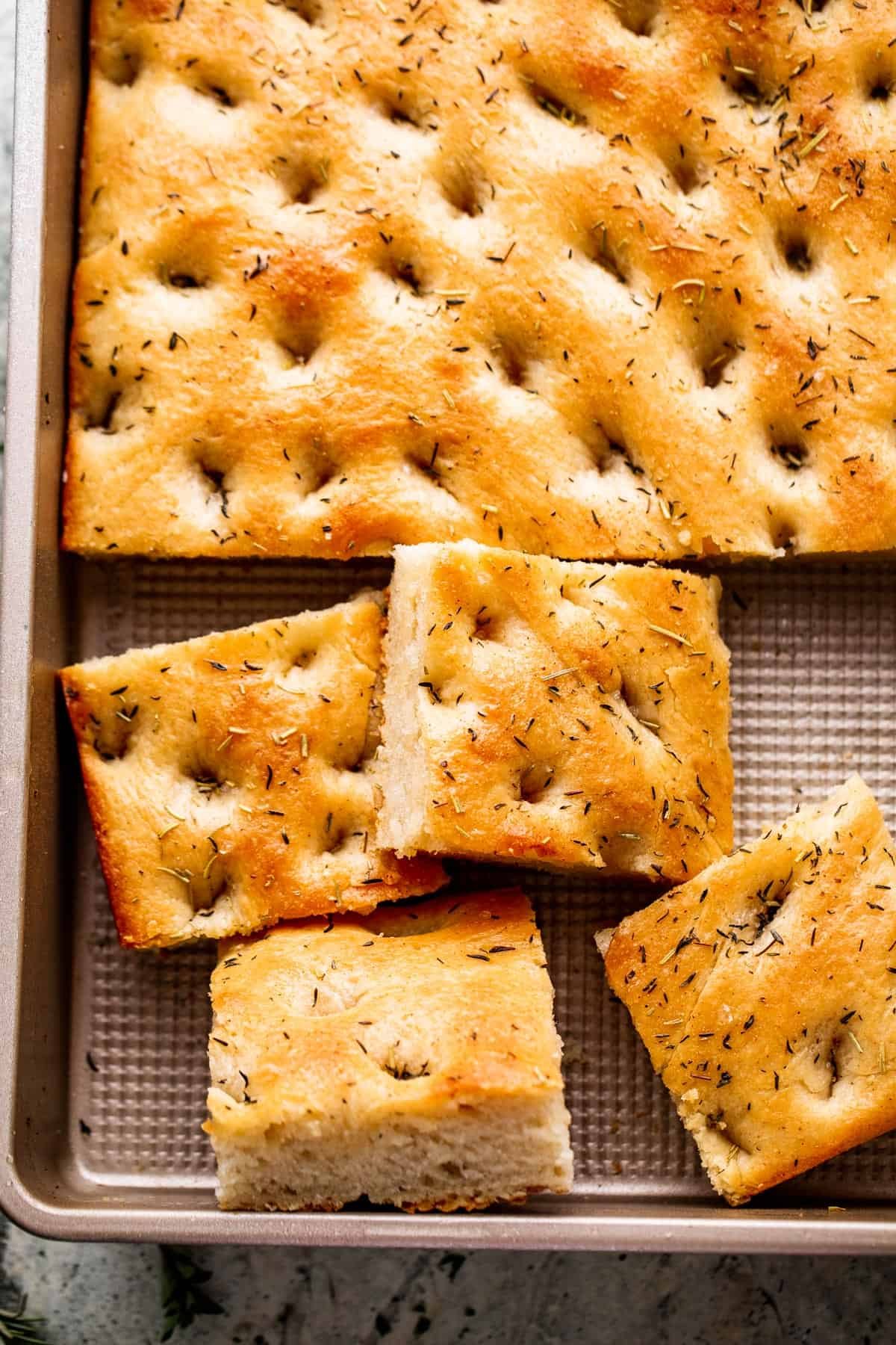 Overhead shot of freshly baked focaccia.