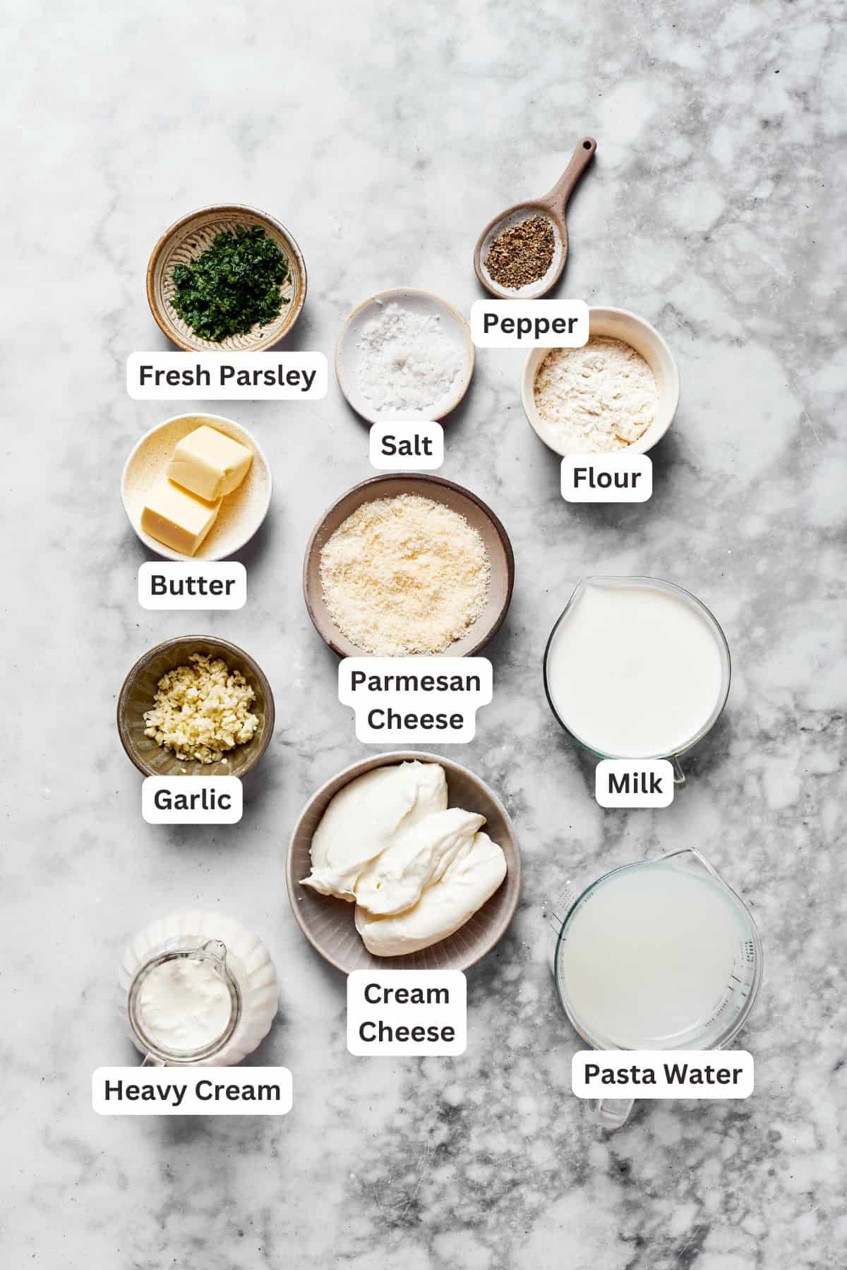 Ingredients for garlic parmesan sauce.
