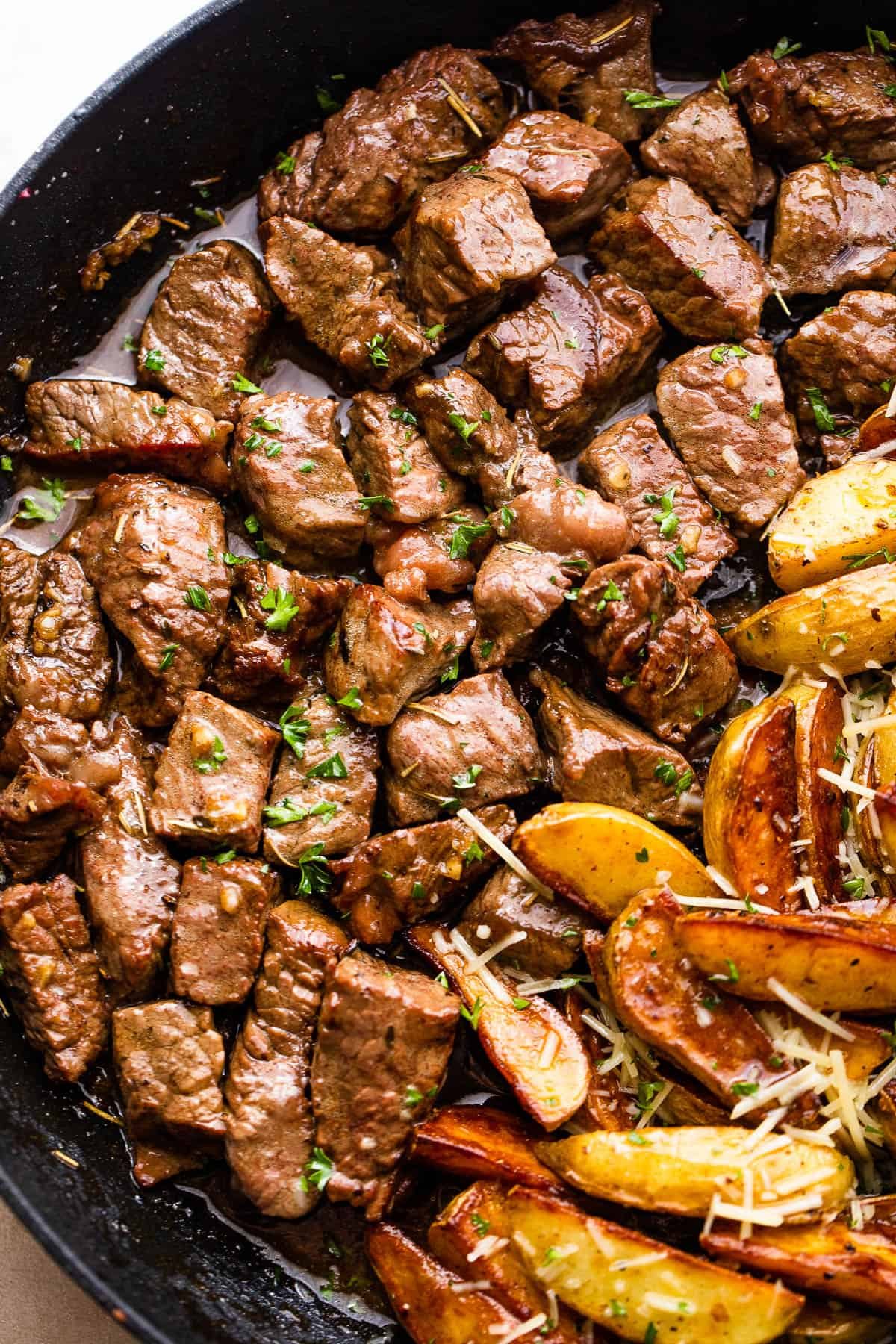 up close photo of browned steak bites
