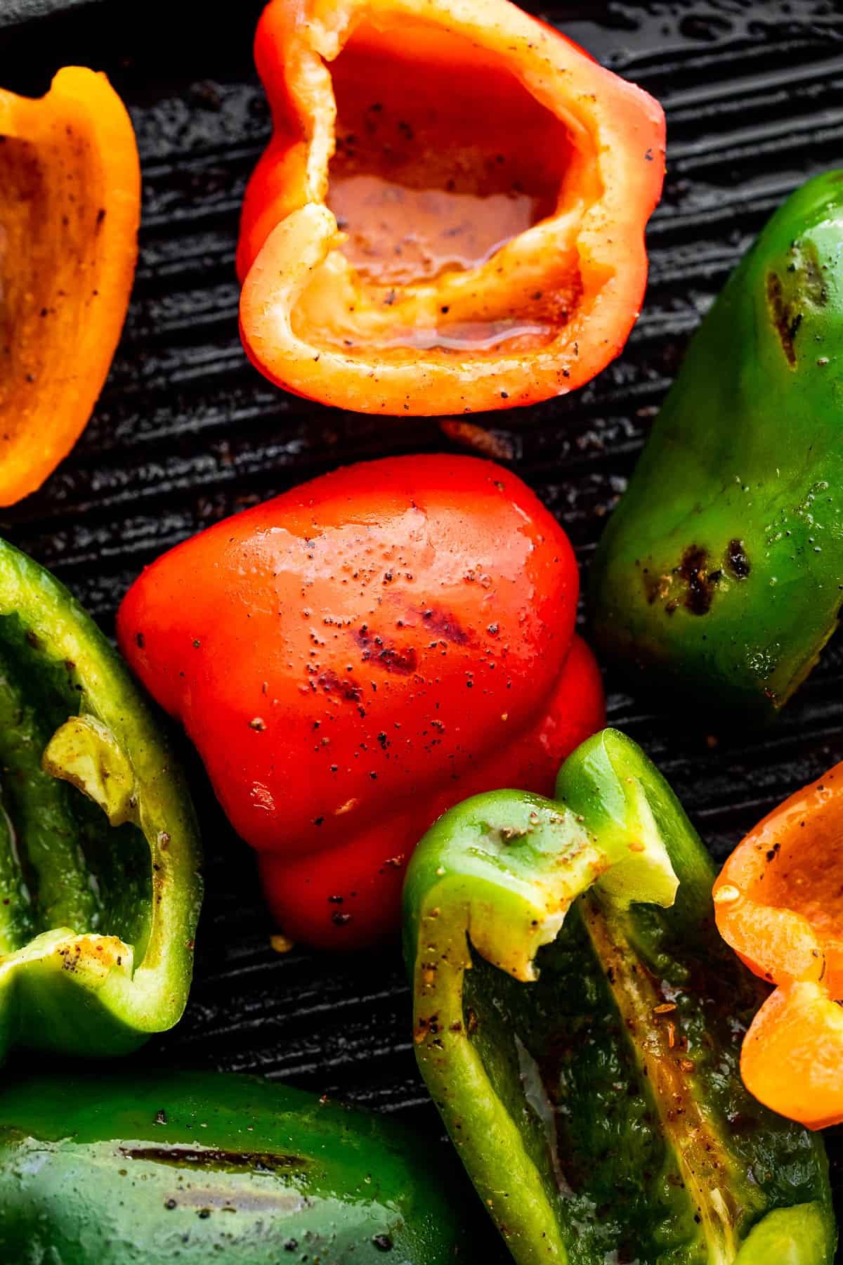 grilling bell peppers on a grill pan