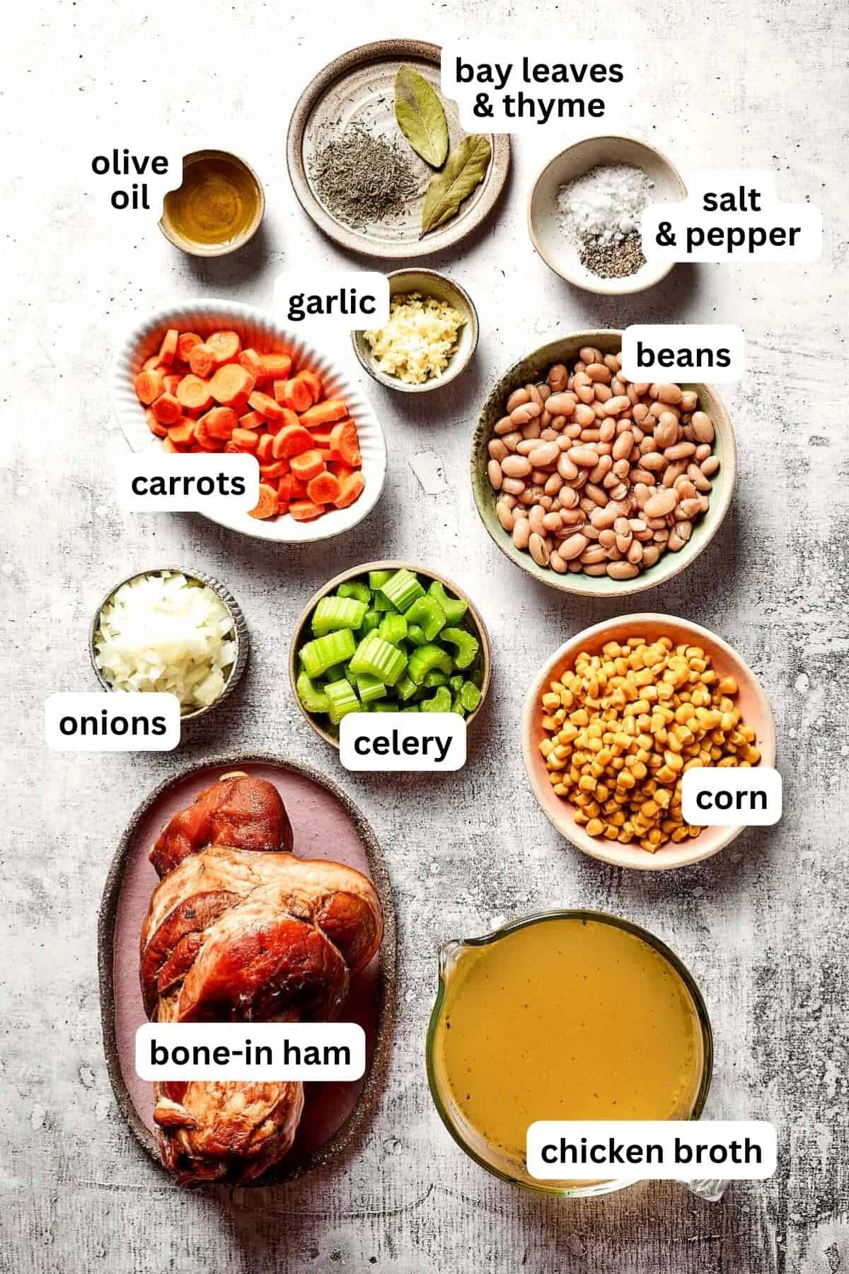 Overhead image of the ingredients for ham bone soup.
