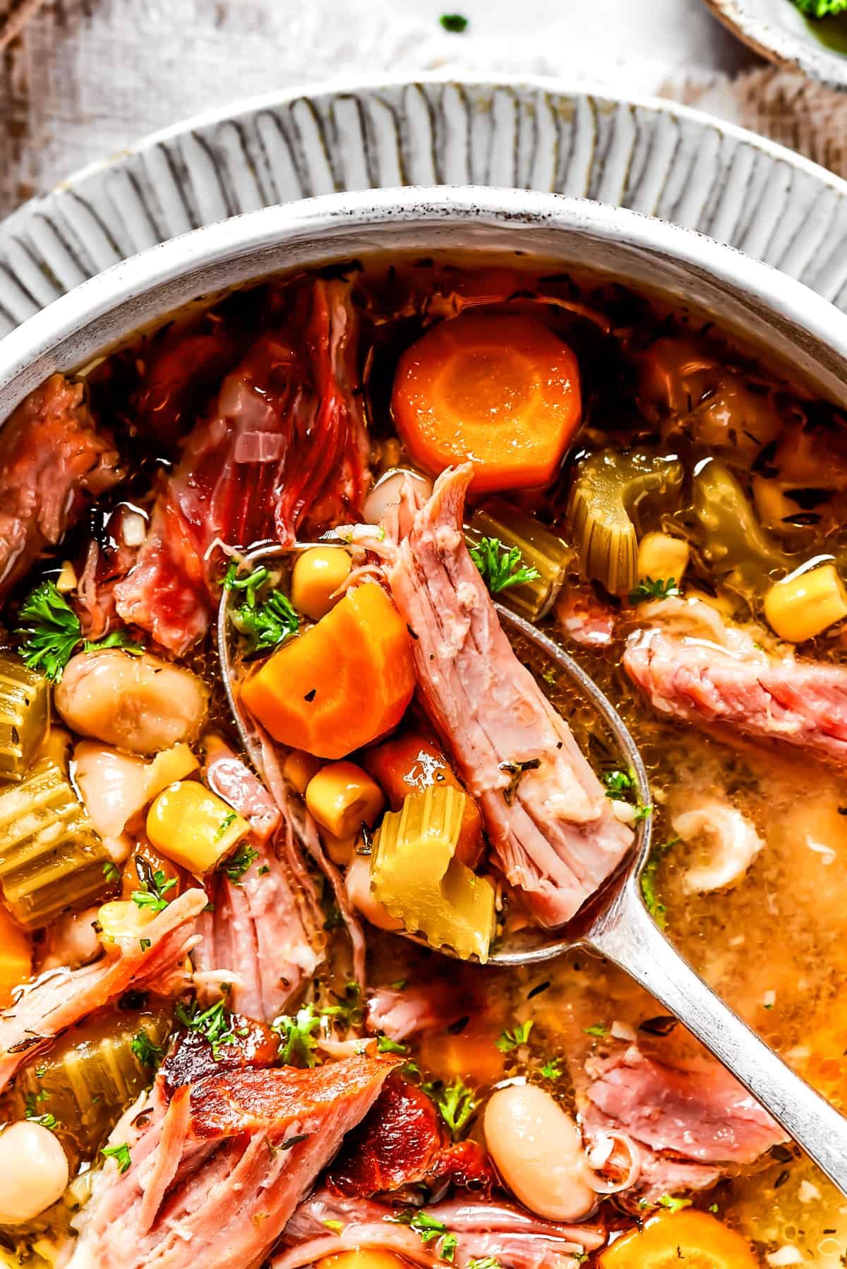 Close up of a spoonful of ham, bean, and veggie soup, above a bowl of the soup.