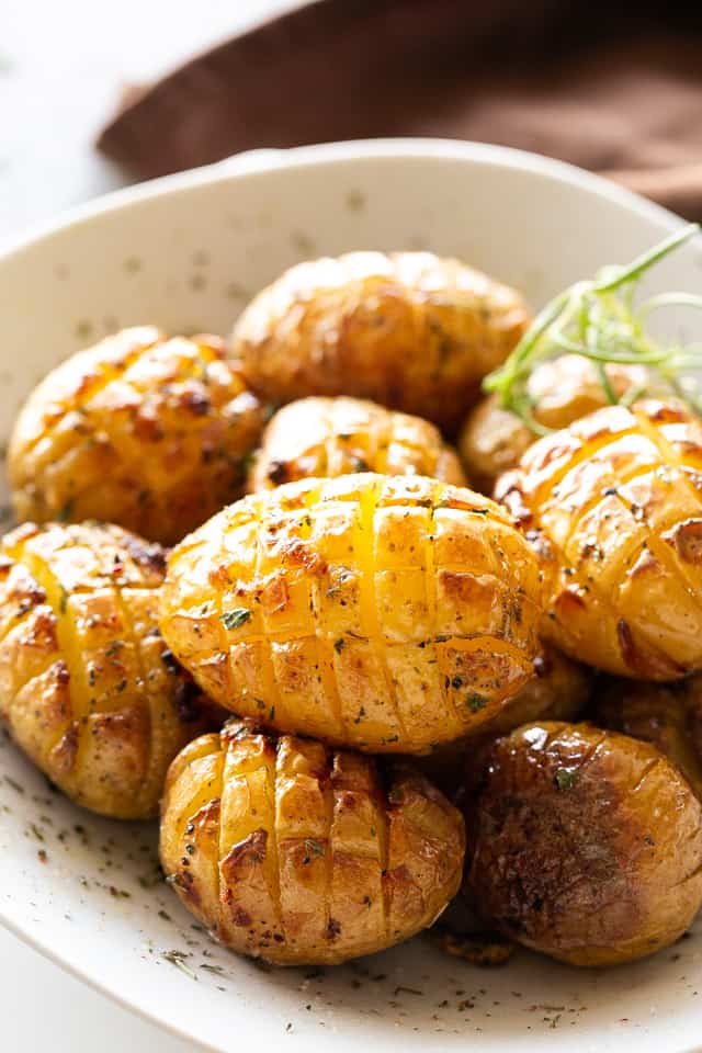 roasted hedgehog potatoes served in a white bowl