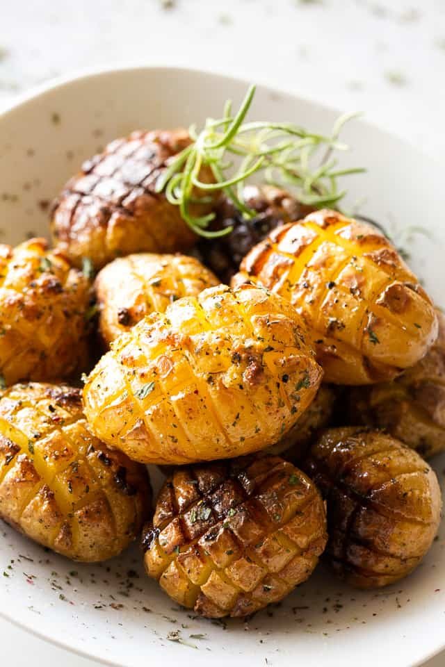 roasted hedgehog potatoes served in a white bowl