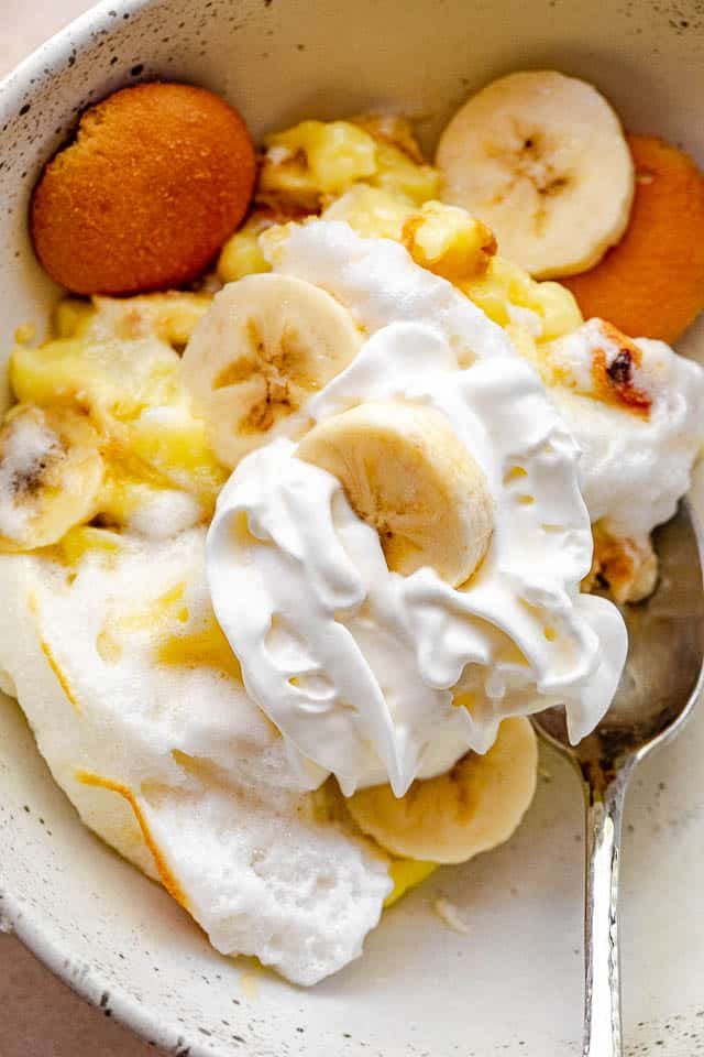 banana pudding in a bowl with spoon