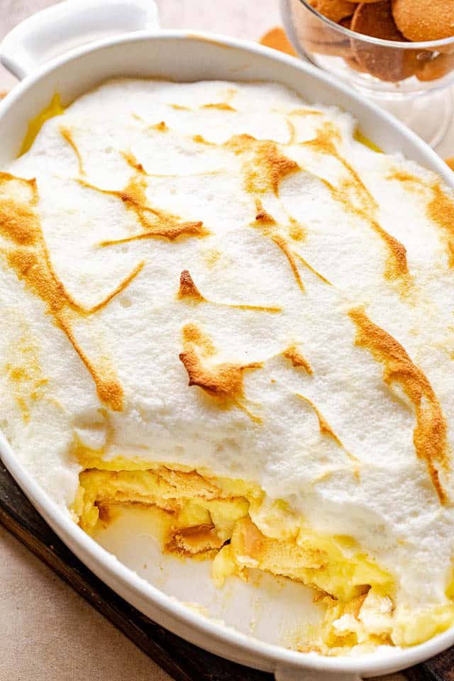 top view of a banana pudding dessert in a white baking dish