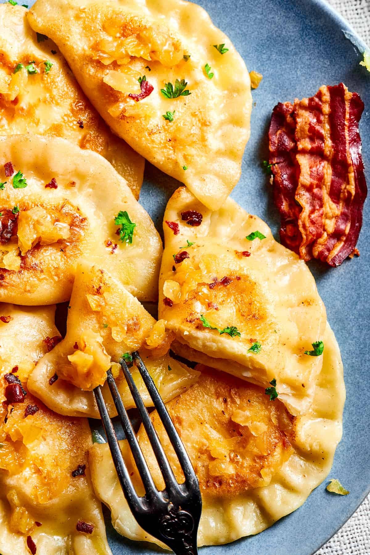 Cutting into a homemade potato dumpling.