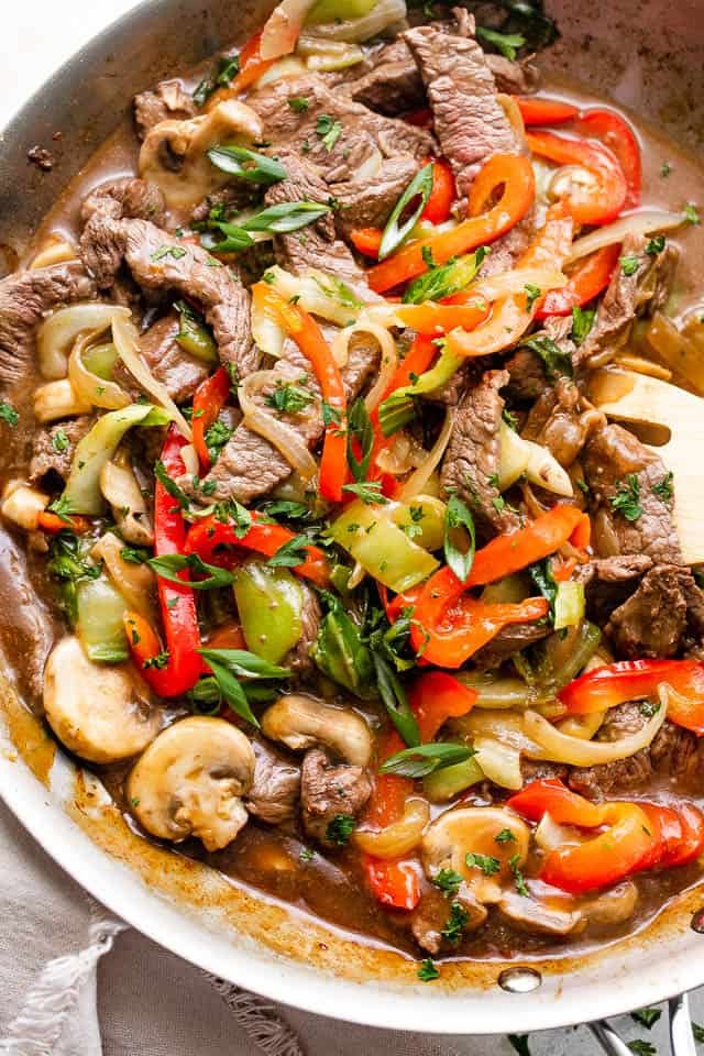 overhead shot of skillet with beef stir fry