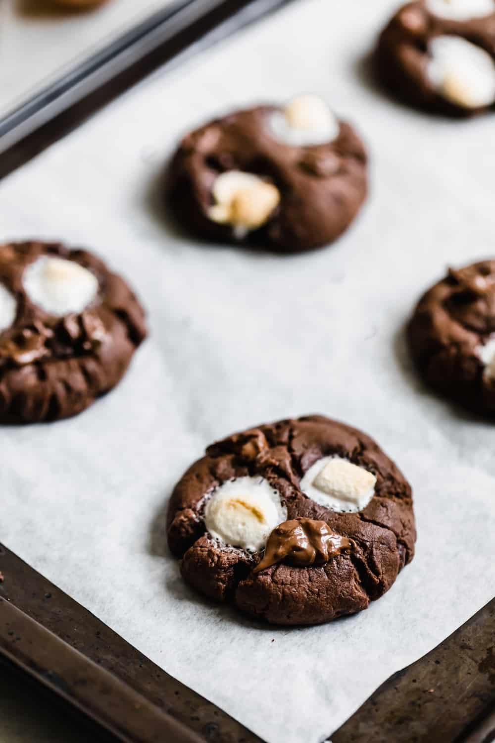 A Close-Up Shot of a Warm Hot Chocolate Sugar Cookie on a Baking Sheet