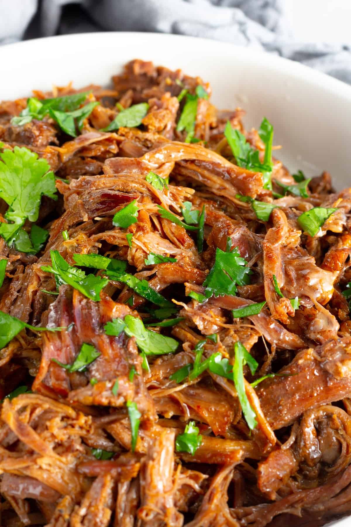 A Close-Up Shot of Tender Instant Pot Beef Barbacoa in a White Bowl