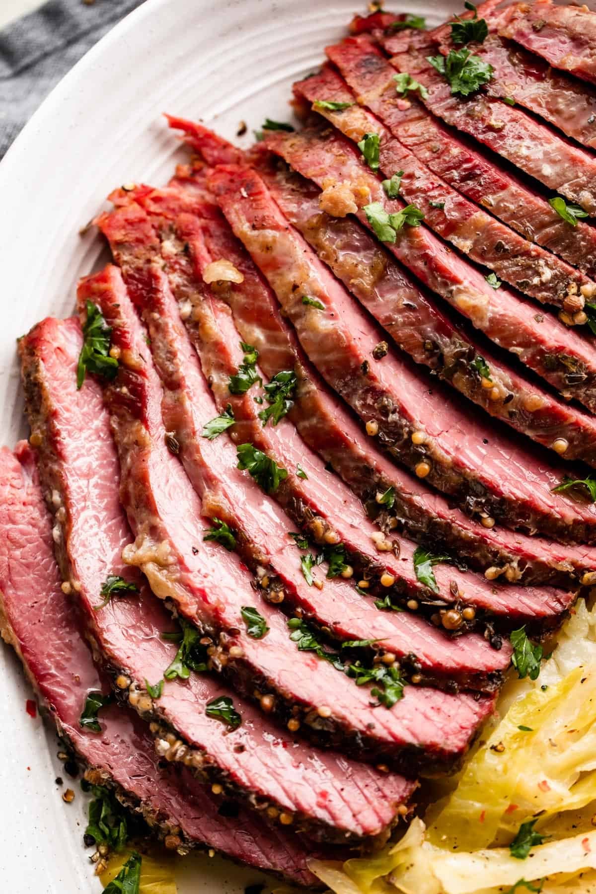 close up shot of sliced corned beef that was cooked in the instant pot.