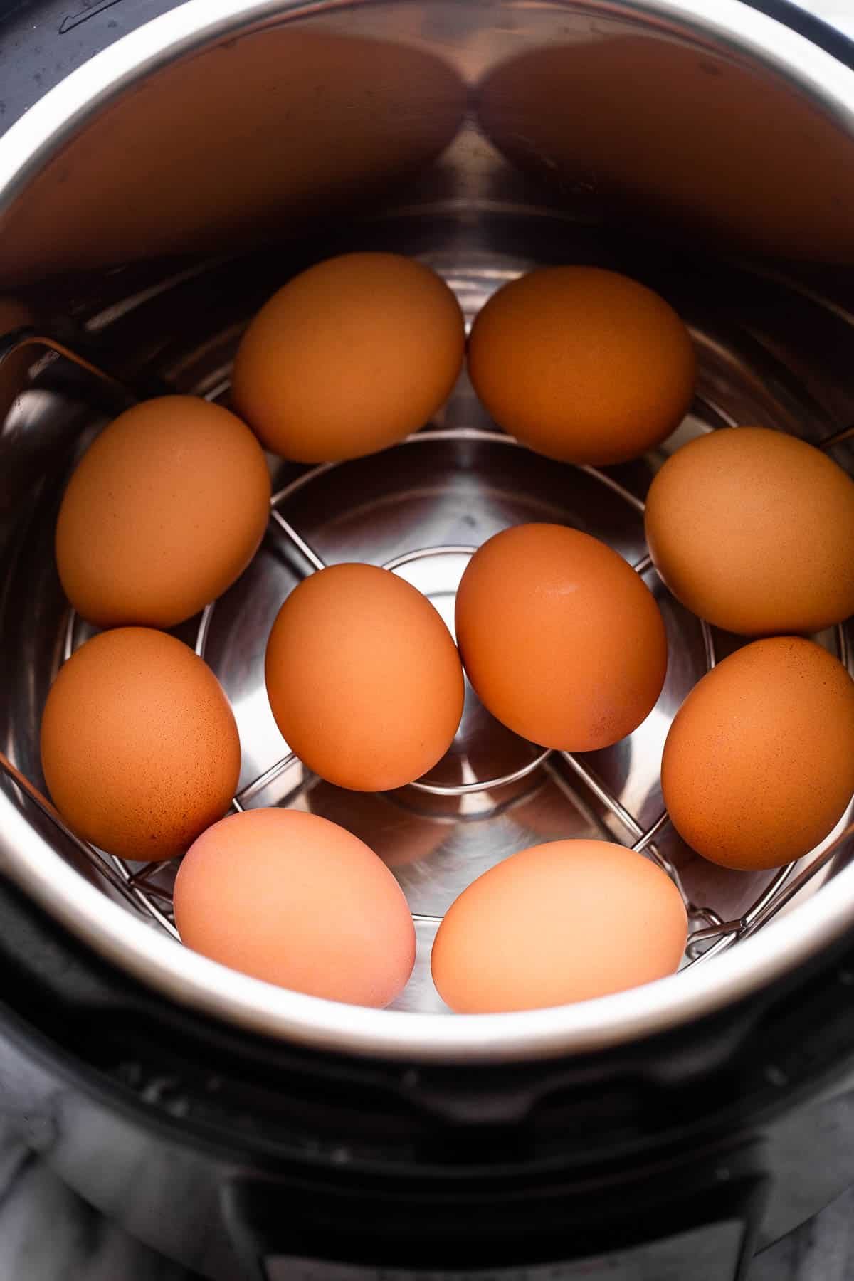 brown eggs arranged inside the instant pot