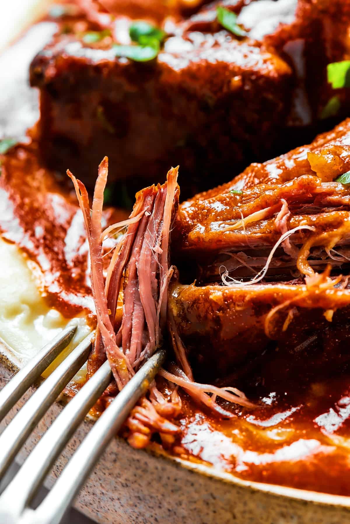 Short ribs pulled apart slightly by a fork.