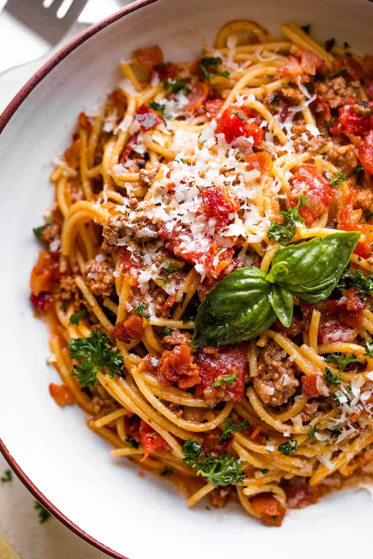 Instant Pot Spaghetti served in a pasta bowl