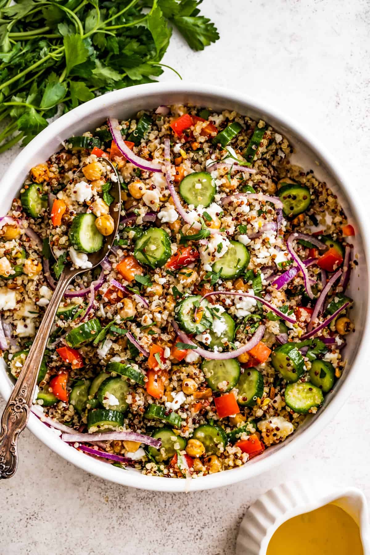 Overhead shot of a big bowl with Jennifer Aniston's bulgur salad.