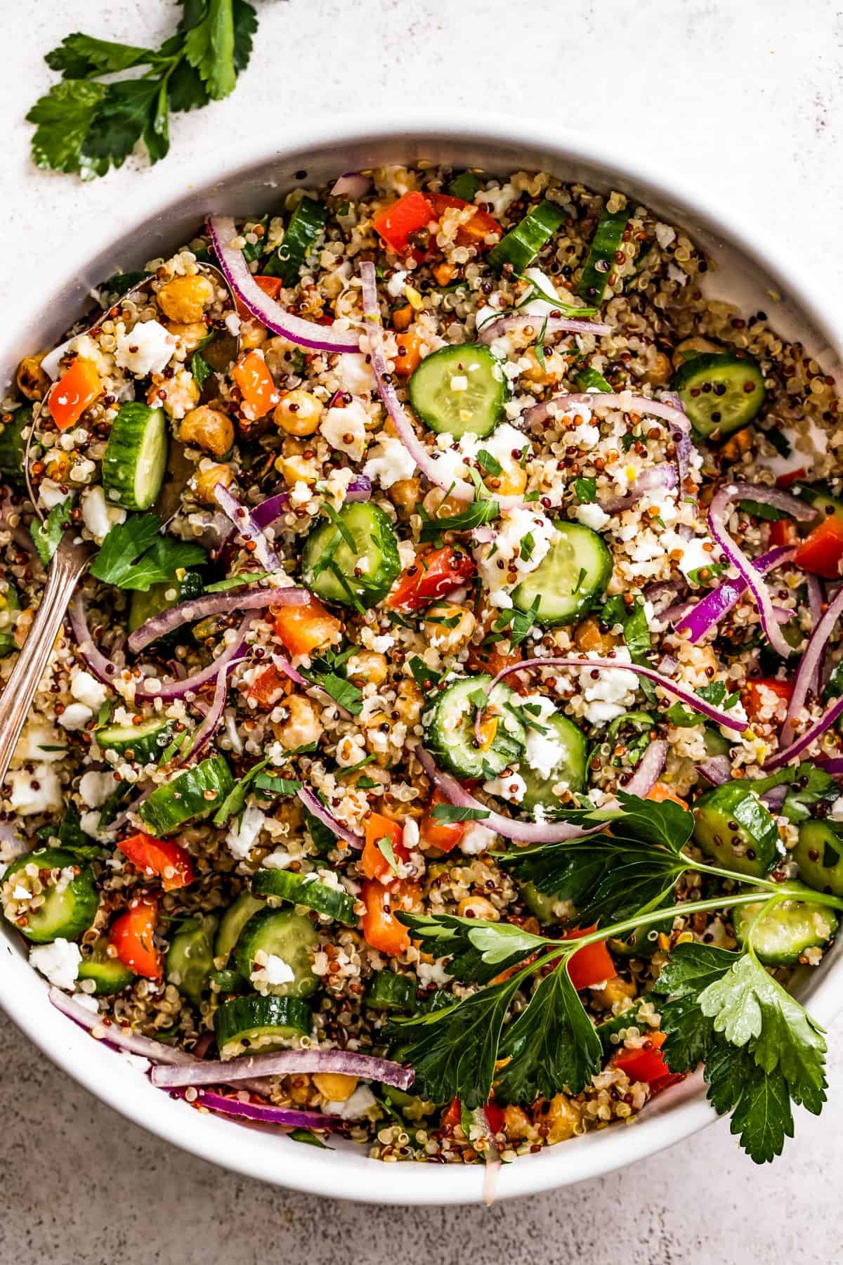 Overhead shot of Jennifer Aniston's bulgur salad in a bowl.