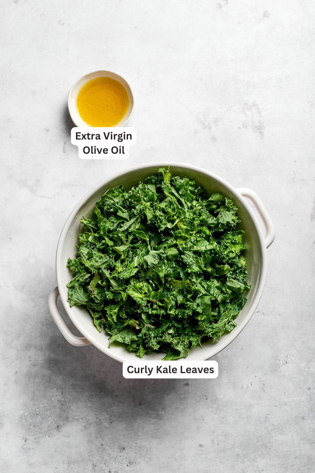 Kale and olive oil are labeled and portioned.