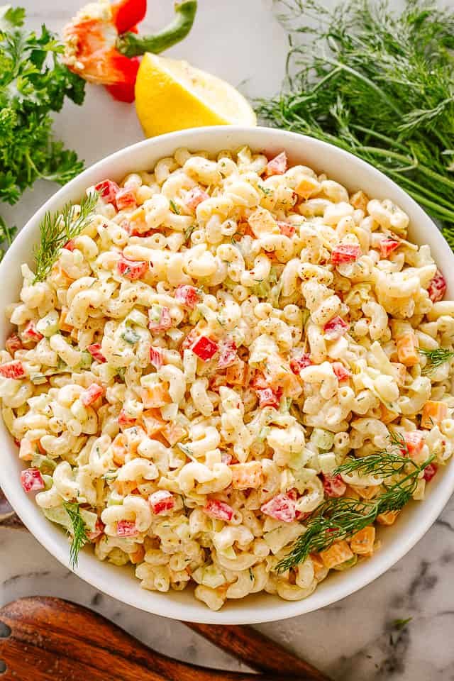 Bowl of creamy macaroni salad