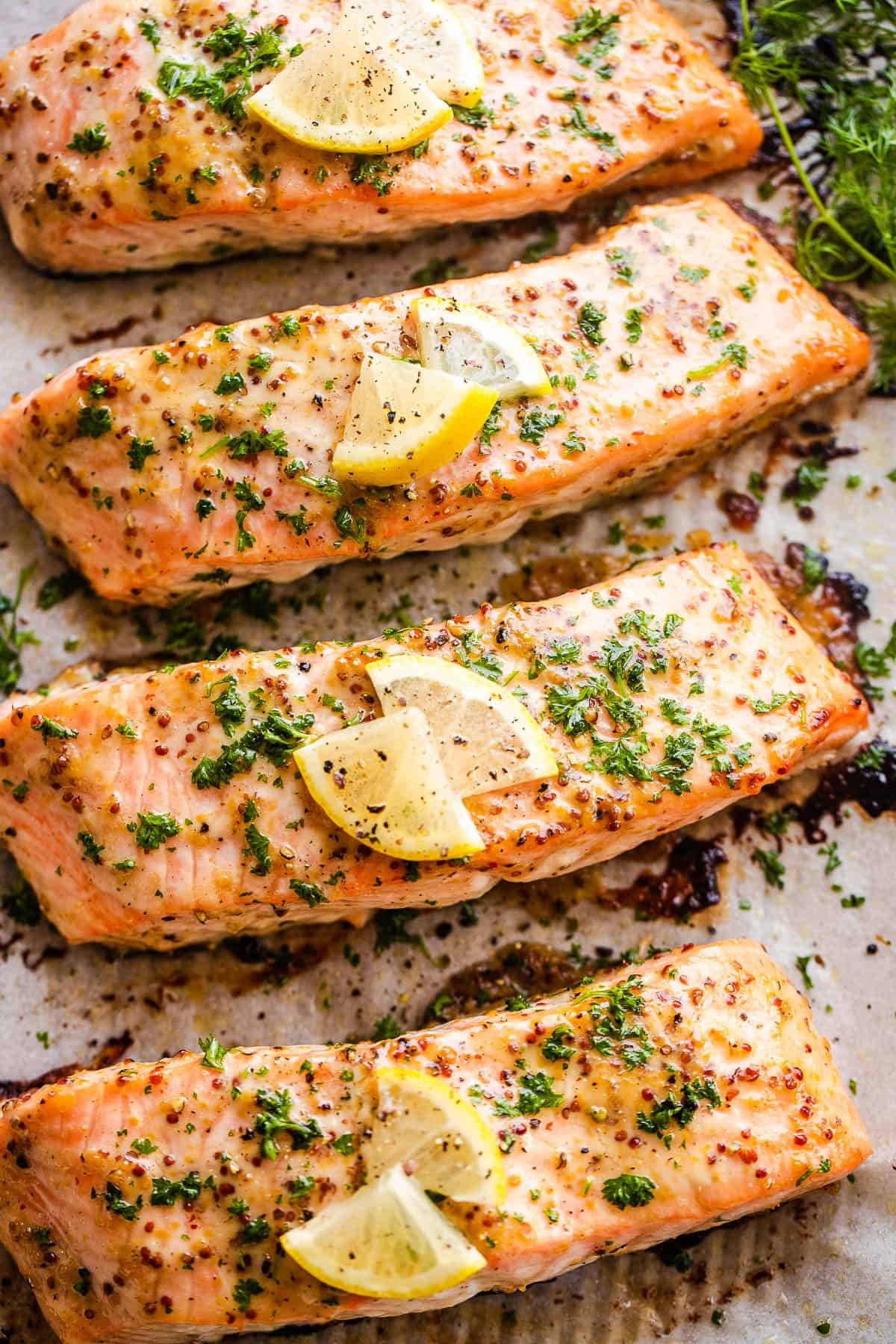 four baked maple mustard salmon fillets on a baking sheet