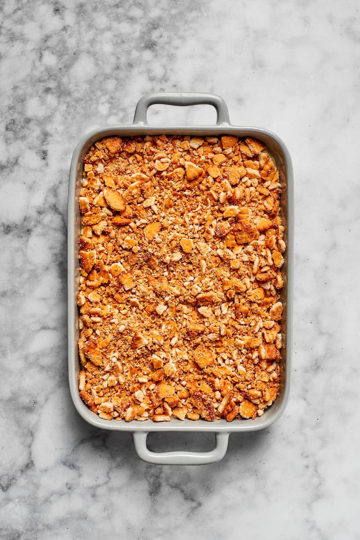 A cooked pan of million dollar chicken casserole.
