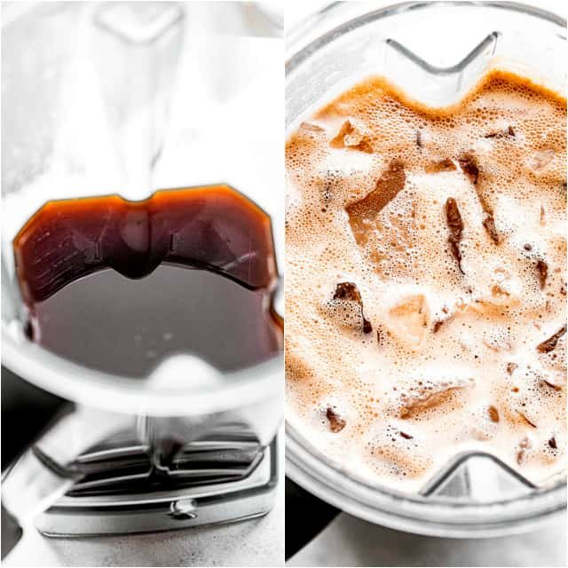 2 picture collage with a coffee in a blender