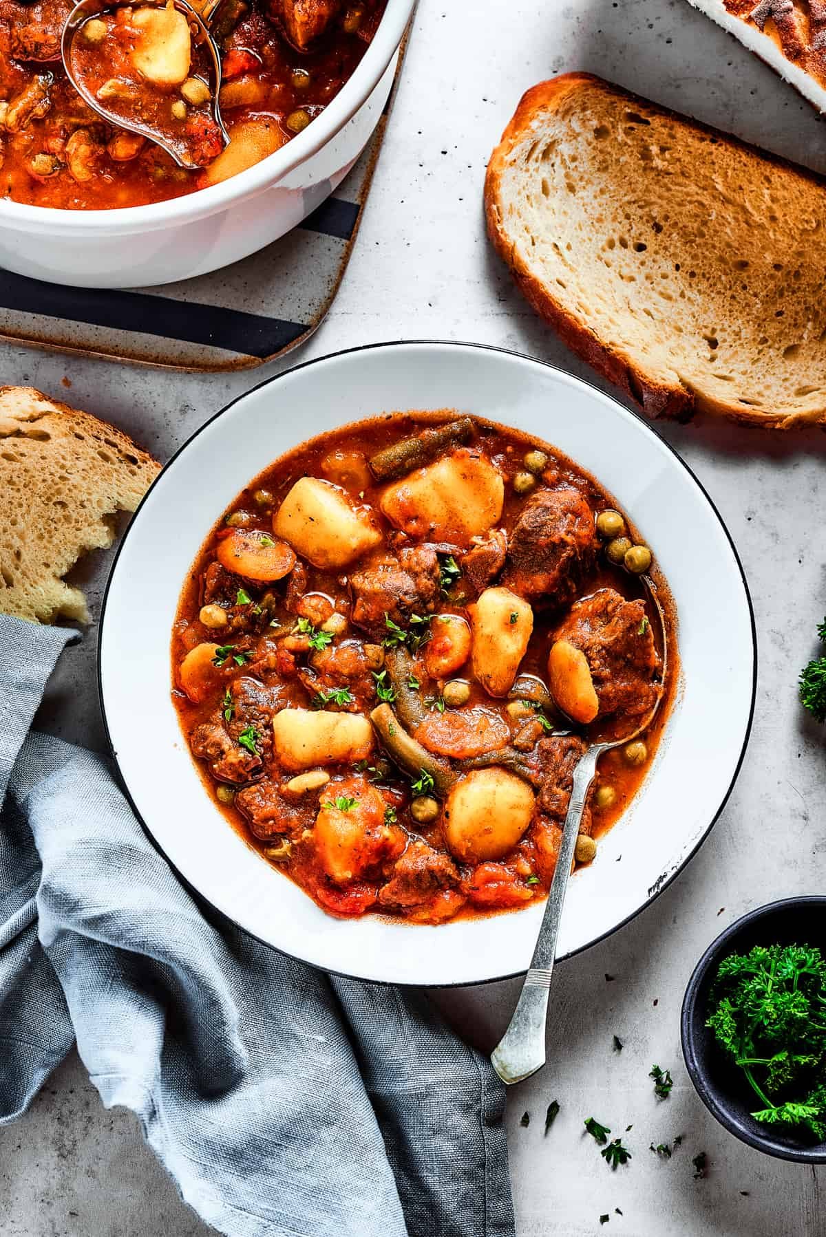 Overhead shot of beef stew with mixed vegetables.