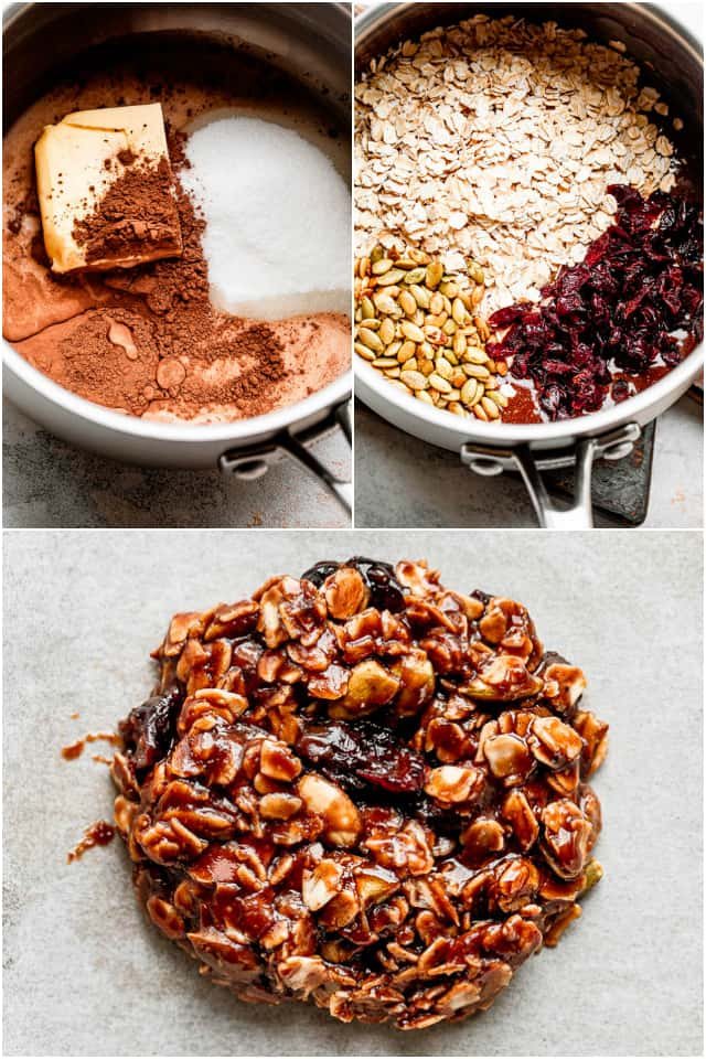 step by step collage of making no-bake cookies