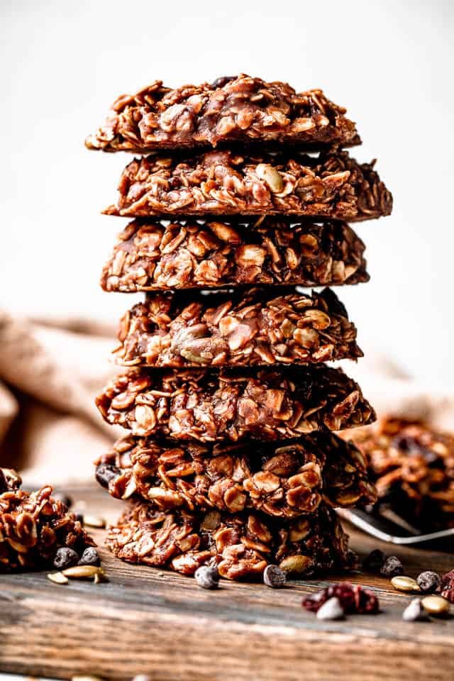 close up shot of a stack of seven no-bake cookies