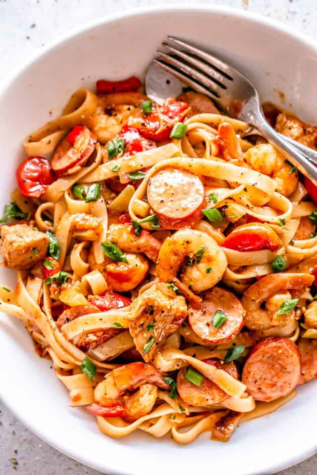 One Pot Jambalaya served in a white dish with pasta