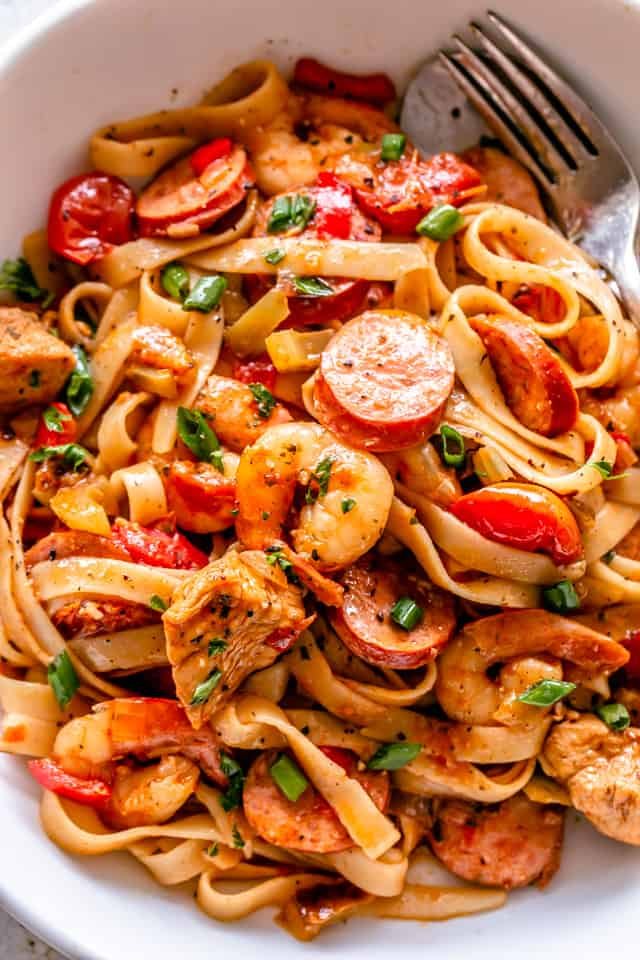 One Pot Jambalaya served in a white dish with pasta