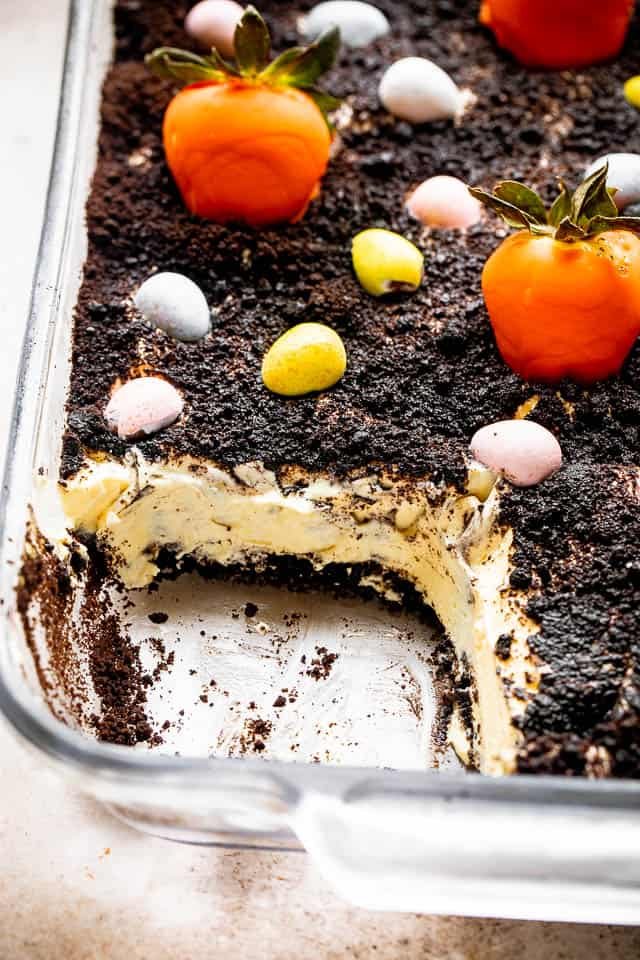 Cut out slice from an Oreo Dirt Cake