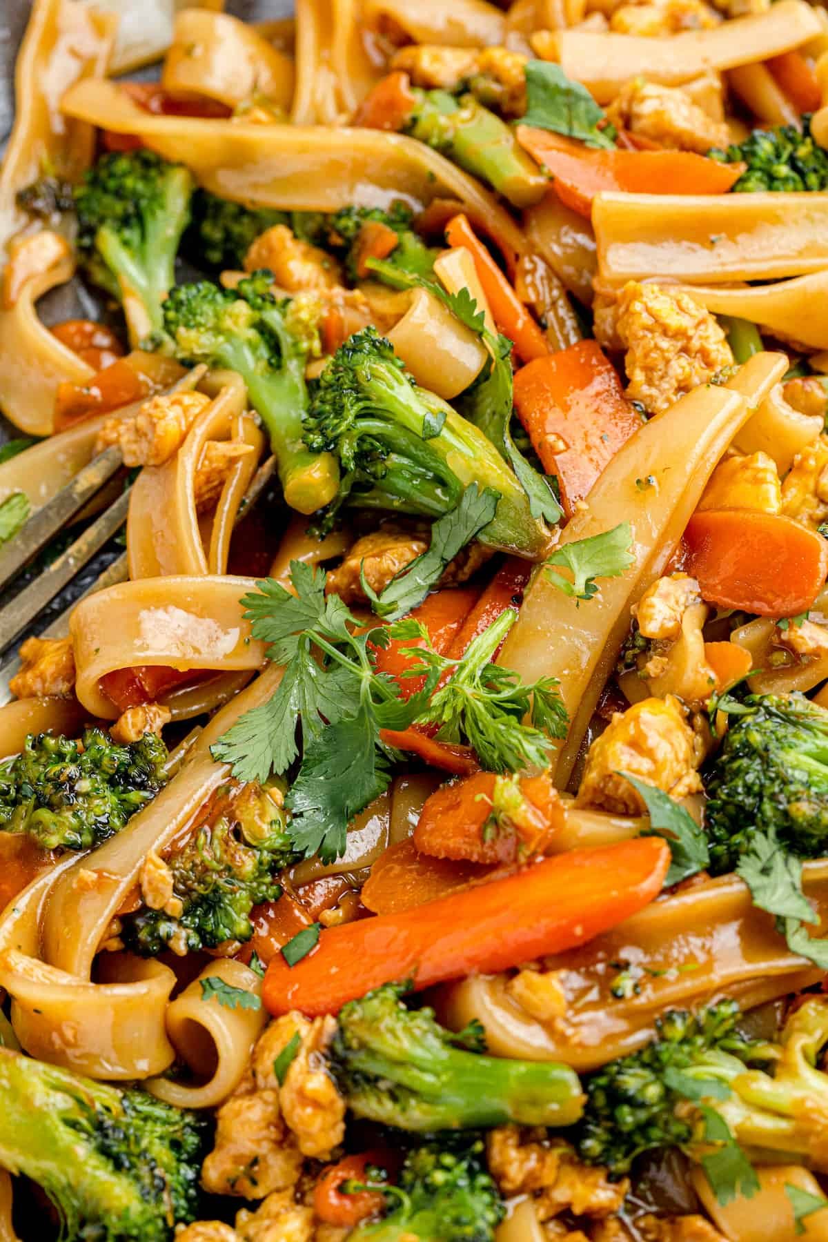 A Super Close-Up Shot of Pad See Ew with a Fork Peeking Through in the Corner