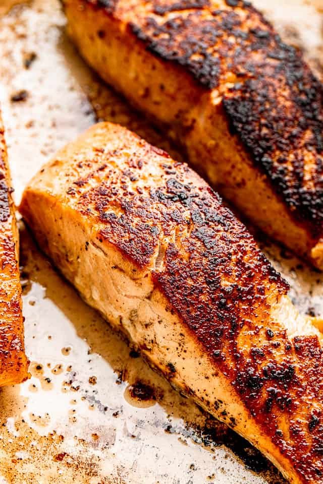 top view of seared salmon fillets