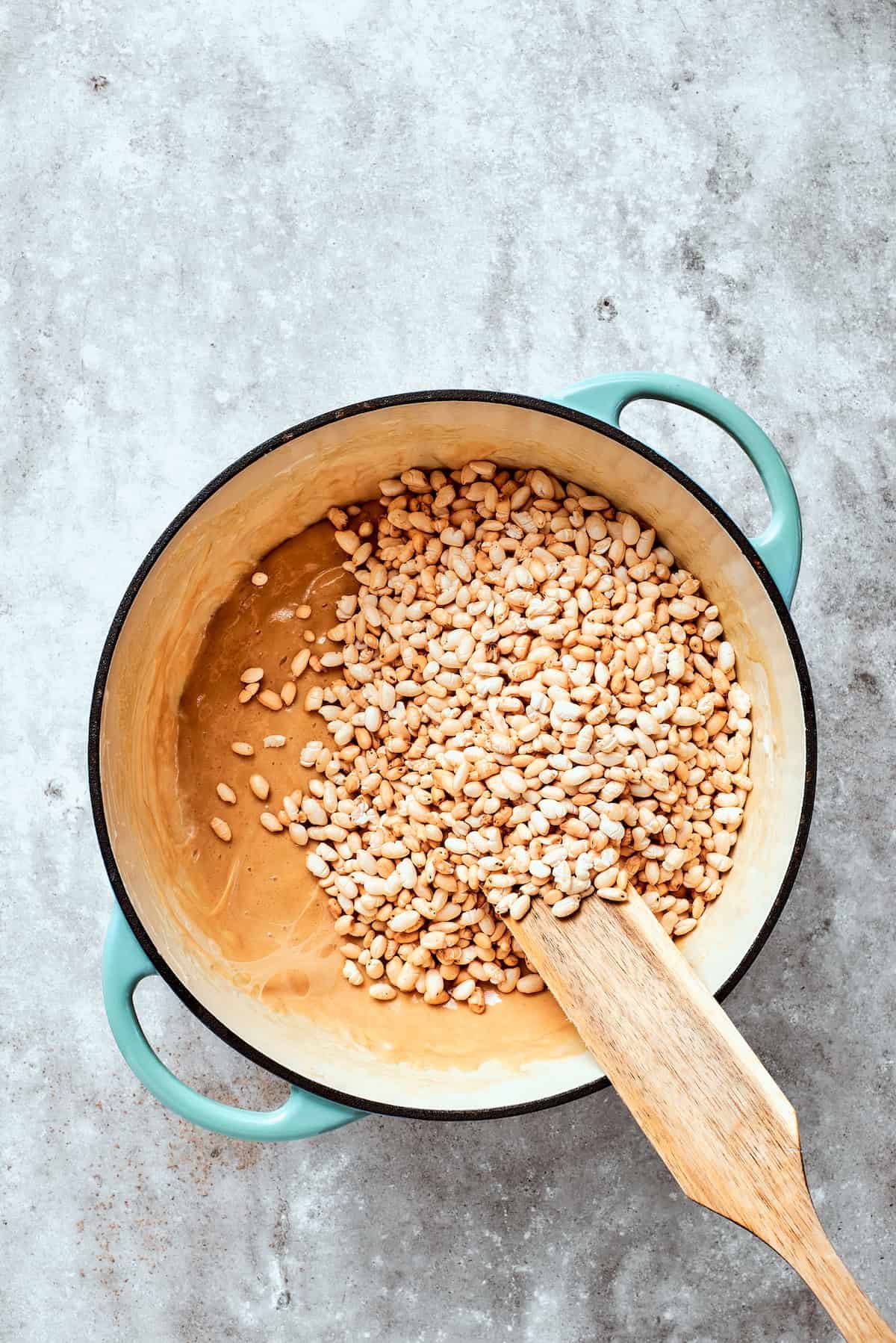 Rice cereal is stirred in.
