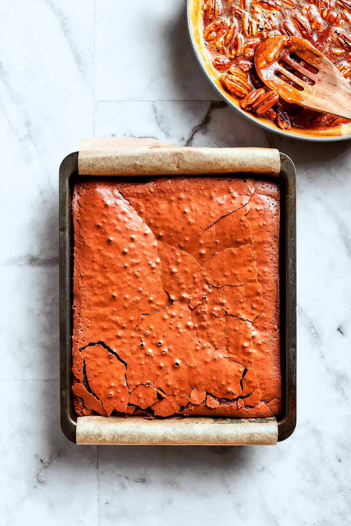 The baked brownies are shown in the pan.