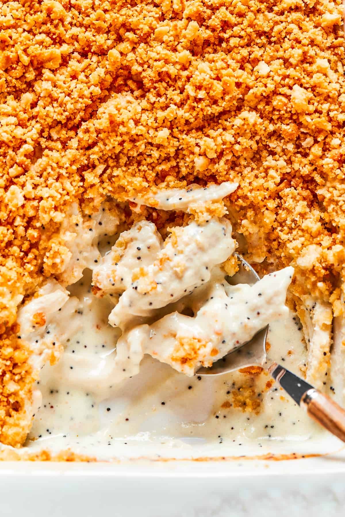 A casserole dish of poppy seed chicken.