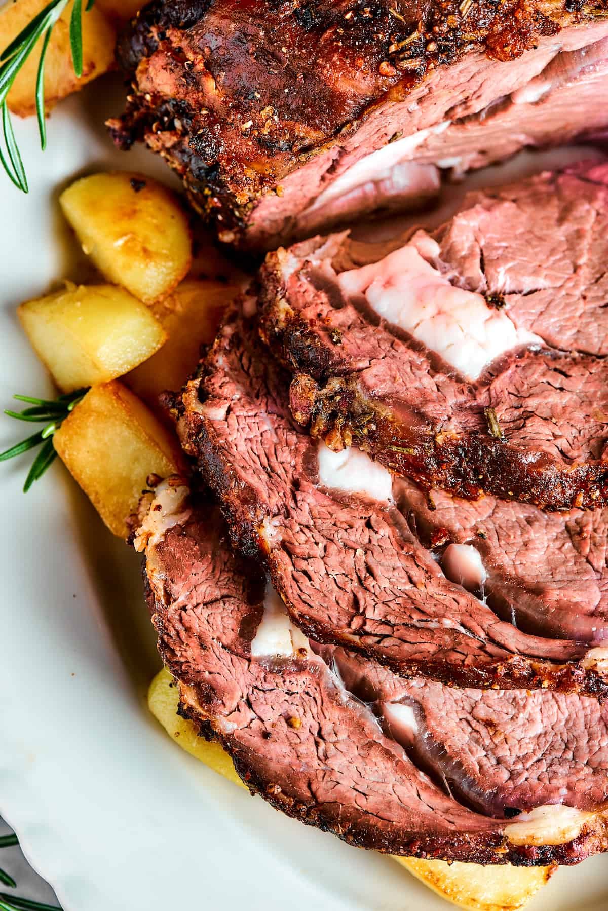 Medium-rare sliced rib roast.