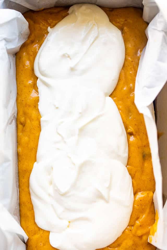 pumpkin filling for pumpkin bread in a loaf pan