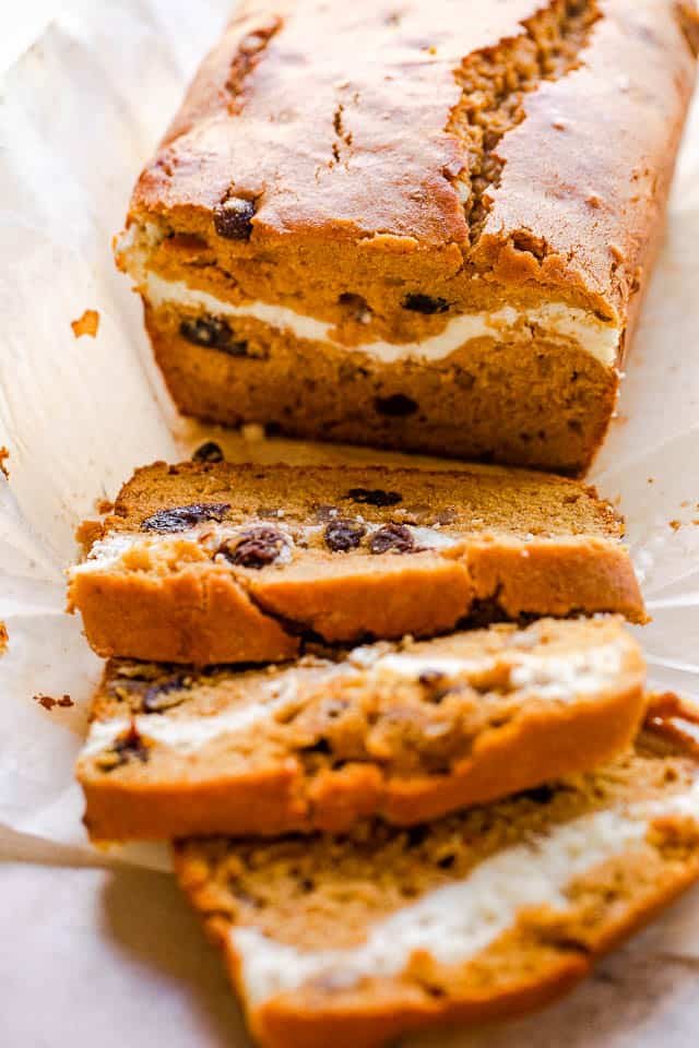 side shot of pumpkin swirl bread cut in slices