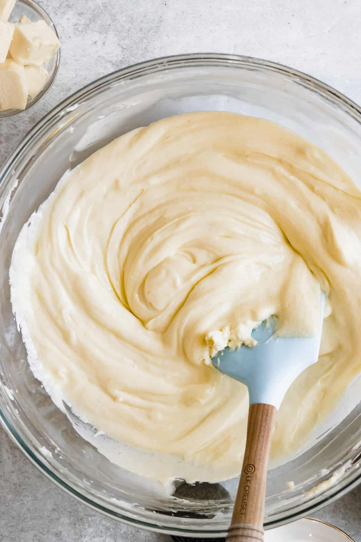 The Mixed Cheesecake Batter in a Bowl Before Food Coloring has been Added